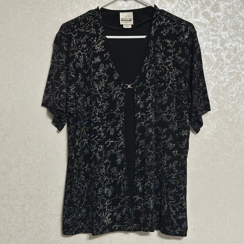 TR Bentley Plus Black Glitter Floral Scroll Layered Look Top Vintage Y2K XL